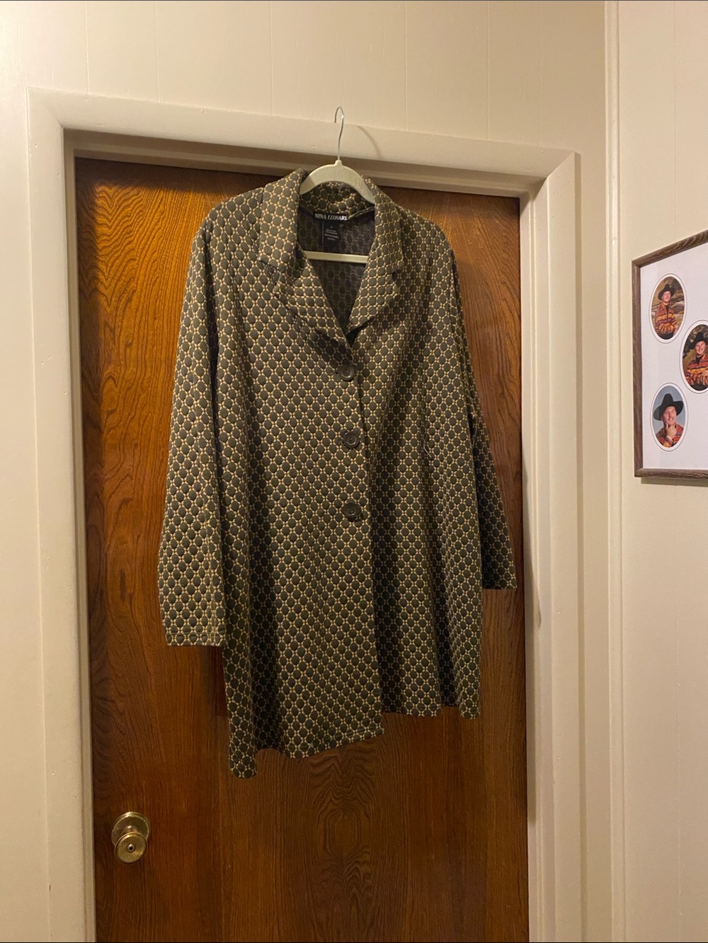 Nina Leonard Olive and Tan Geometric-Print Trench Coat